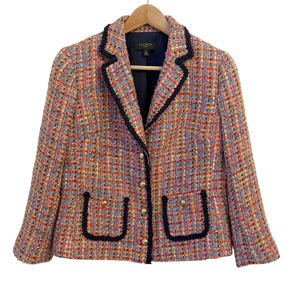 Talbots Rainbow Tweed Blazer 8P Preppy Maximalist Gold Buttons Cropped Petite